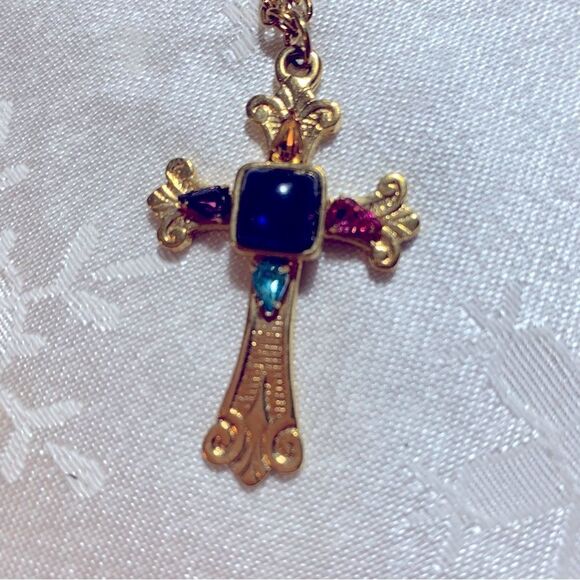 Cross Necklace w/ Glass Rhinestones on Gold Tone Chain 24” Gorgeous - Picture 3 of 4
